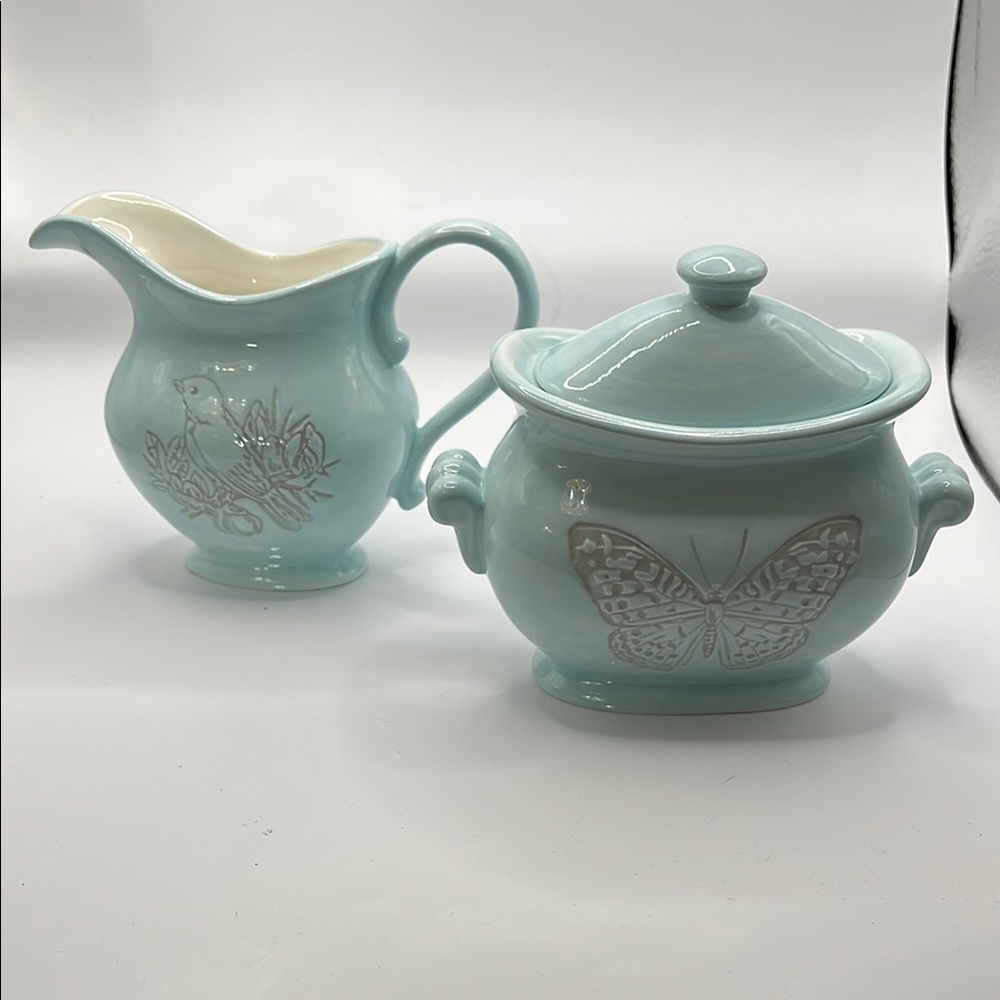 Light Blue Ceramic Creamer and Sugar Bowl Set